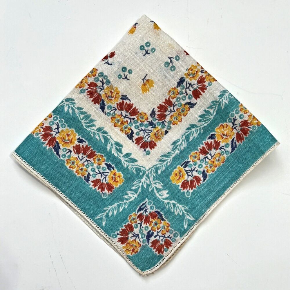 Linen Floral Border Handkerchief Blue Yellow Red Cottage Core Granny Vintage